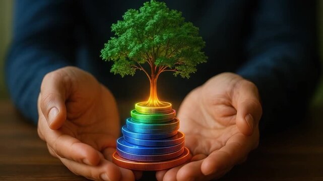 Green tree growing on colorful stacked coins held by hand symbolizing sustainable investment, financial growth, environment protection, and long term green finance for future growth and sustainability