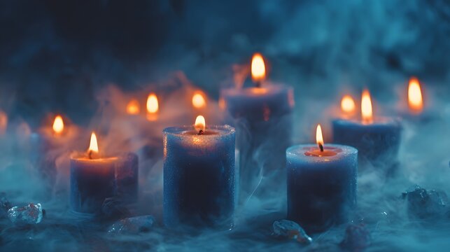 Several lit pillar candles release smoke while resting in a mysterious blue atmosphere