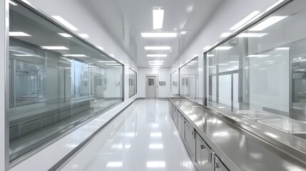 Illuminated sterile corridor features expansive viewing windows overlooking processing area