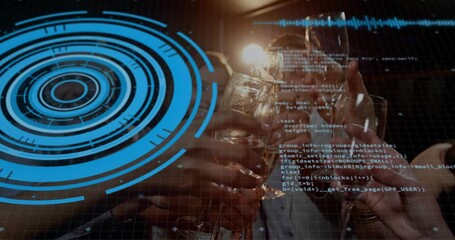 group raising champagne flutes, aligning for toast while tech HUD and code overlay crossing faces - Powered by Adobe