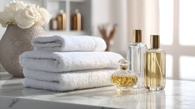 Stack of clean white bath linens rests beside assorted glass fragrance bottles on a reflective counter