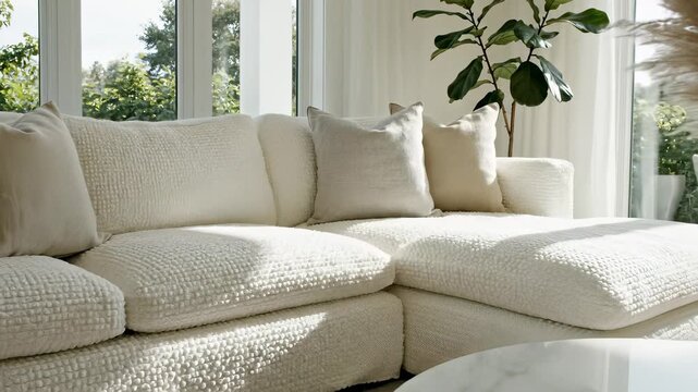 A minimalist living room scene featuring sleek white couches with plush pillows, stylish plants, and elegant glass vases on low profile tables captures the essence of simplicity and.
