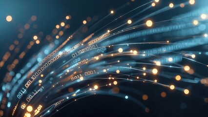 Glowing orange orbs and binary code stream along curved blue fiber optic lines, dark background