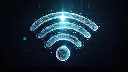 Glowing blue Wi-Fi symbol constructed of interconnected dots against a dark background, radiating light