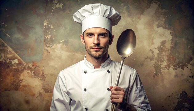 Professional chef holding a large ladle, ready to cook and serve delicious meals with expertise