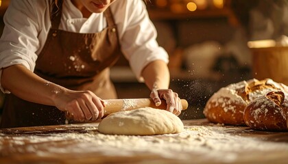 A dedicated baker's hands expertly rolling fresh dough on a rustic wooden surface, preparing the foundation for delicious, warm homemade bread in a cozy culinary setting