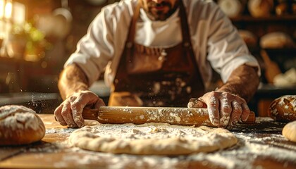 A skilled artisan baker meticulously works on the dough, illustrating the traditional baking process with dedication and craftsmanship, creating delicious homemade bread in a rustic kitchen