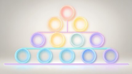 Pyramid structure composed of neon-glowing circular elements arranged in horizontal tiers