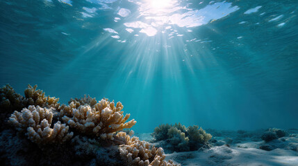 Obraz premium Dazzling Sunlight Beams Illuminating Vibrant Coral Reef Beneath Crystal Clear Ocean Waters