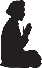Black silhouette of a person praying or meditating in a kneeling position with hands clasped, symbolizing spiritual devotion, inner peace, and contemplation.