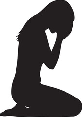 Depressed or sad woman silhouette kneeling, crying, head in hands, symbolizing grief, sorrow, and mental struggle
