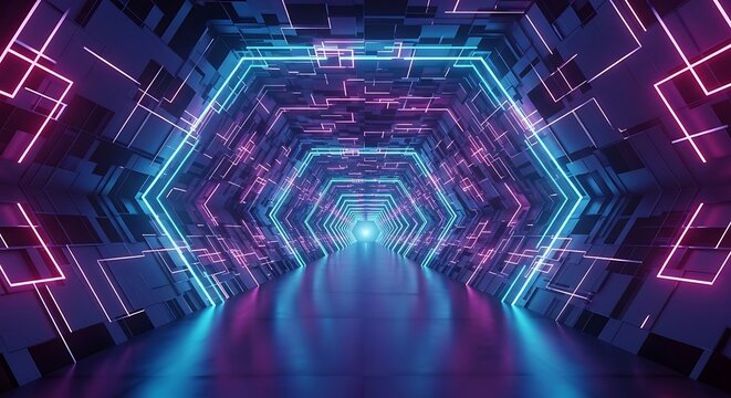Abstract glowing tunnel with neon lights and geometric shapes creating a futuristic pathway look