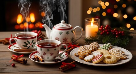 Festive christmas scene with tea cups cookies and a fireplace creating a cozy holiday atmosphere