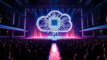 A modern stage for cloud computing concepts with an engaged audience
