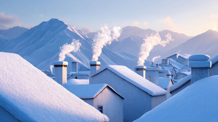 Tranquil Winter Landscape with Snow-Covered Rooftops in Serene Mountain Setting at Dawn