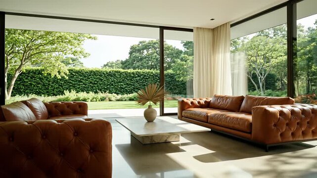 Minimalist living room with sleek couch, single chair, and low profile coffee table features a window allowing natural light to illuminate the scene, perfectly capturing the understated elegance.