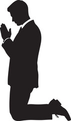 Silhouette of a man kneeling in prayer or worship, embodying devotion, spirituality, and faith against a pristine white background, suitable for religious or inspirational themes.