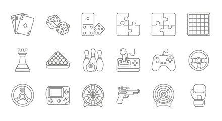 A collection of outline icons representing various games and recreational activities, including cards, dice, puzzles, bowling, video games, and a roulette wheel.