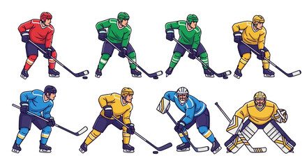 Eight hockey players in different colored uniforms are shown in various stances, holding hockey sticks and ready to play.