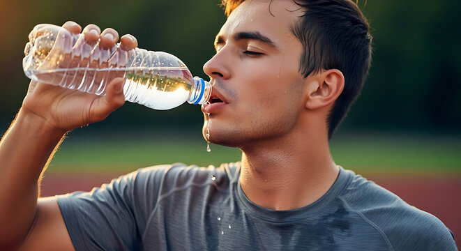A fit and sweaty athlete takes a refreshing break, drinking water from a bottle after an intense outdoor workout on a track