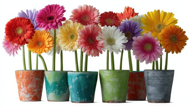 Colorful Gerbera Daisies in Painted Pots on White Background Bright Studio Lighting Springtime Garden Floral Arrangement