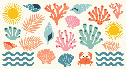Fototapeta premium Colorful tropical sea life and beach elements with sun, coral, and seashells
