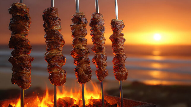 Sunset Beach Barbecue Churrasco Skewers Grilling Over Open Flame with Waves in Background and Warm Sky Colors
