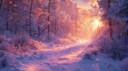 Sunlit snowy path through winter forest at sunset.