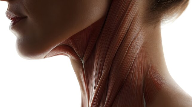 Detailed anatomical illustration reveals the superficial musculature of the human neck in profile view