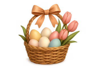 Easter basket filling with pastel eggs and pink tulips