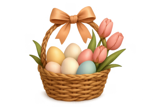 Easter basket filling with pastel eggs and pink tulips - Powered by Adobe