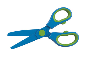 blue and green plastic handled scissors isolated on  for crafting and school supplies