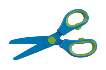 blue and green plastic handled scissors isolated on  for crafting and school supplies