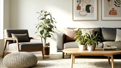 A living room featuring a gray sofa armchair and plants with abstract art on the wall behind it - Powered by Adobe