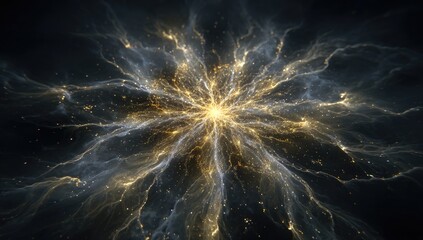 A radiant, golden explosion of energy emanates from a central point, its glowing tendrils extending outwards into a dark, speckled void.  Intricate, wispy filaments intertwine.