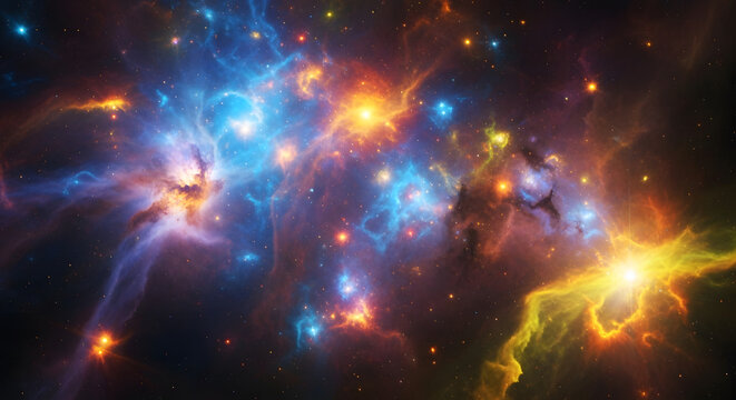 A stunning depiction of a vibrant nebula showcases swirling clouds of interstellar gas and dust, illuminated by bright stars, creating a breathtaking display of cosmic beauty and celestial wonder. - Powered by Adobe