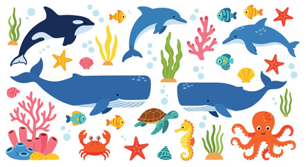 Naklejka premium Colorful underwater sea life with whales, dolphins, and coral reef creatures illustration