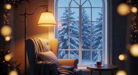 Cozy Winter Evening Scene with Armchair and Snowy Forest View.