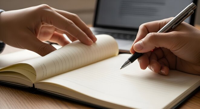 Close-up of two people collaborating on a document with a laptop in the background. - Powered by Adobe