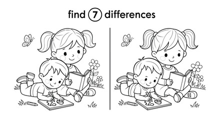 Find the 7 differences puzzle with two girls in nature scene for kids