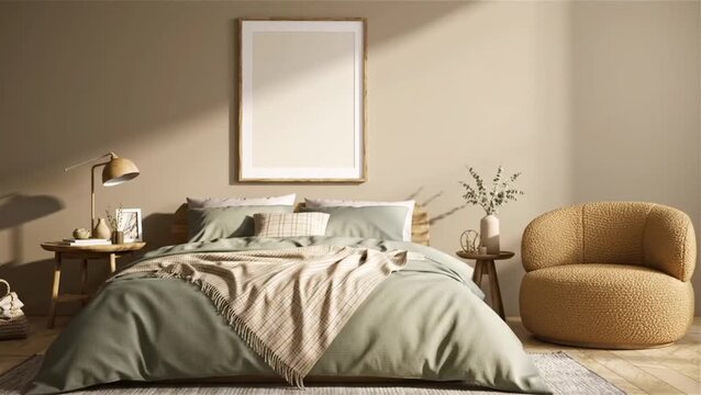 A bedroom interior with a bed, chair, side tables, a lamp, artwork and neutral color scheme