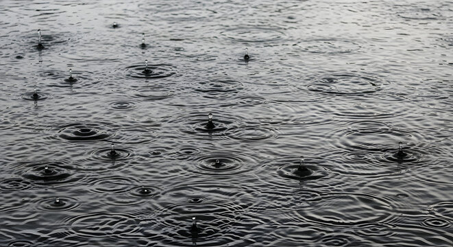Raindrops create ripples on the dark surface of a pond, capturing a serene, reflective mood with a focus on the fluid dynamics of water and its interaction with the atmosphere.  The scene conveys a