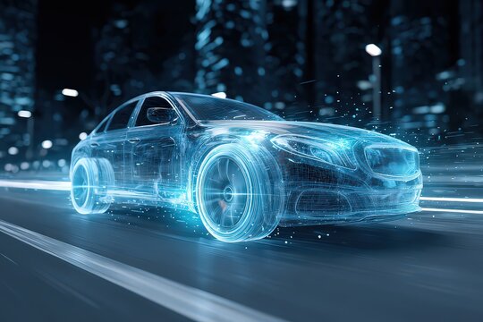 Digital Rendering Of Futuristic Car Driving On A Roadway At Night With Neon Lights Illuminated