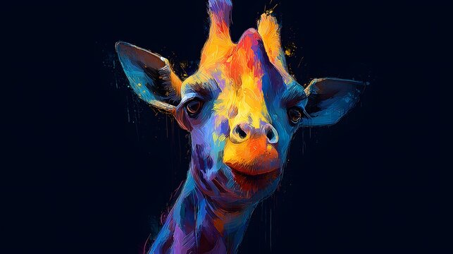 Close up portrait of a giraffe head rendered with vibrant, expressive brushstrokes against a dark background