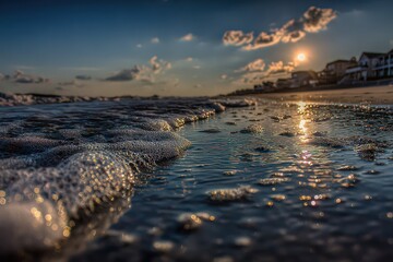 Golden Sunlight Reflecting On Ocean Waves At Beachfront Homes During Sunset
