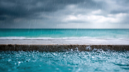 Raindrops Falling into a Turquoise Pool with Dark Clouds Above the Horizon Reflecting Calm and Serenity Amidst a Somber Atmosphere