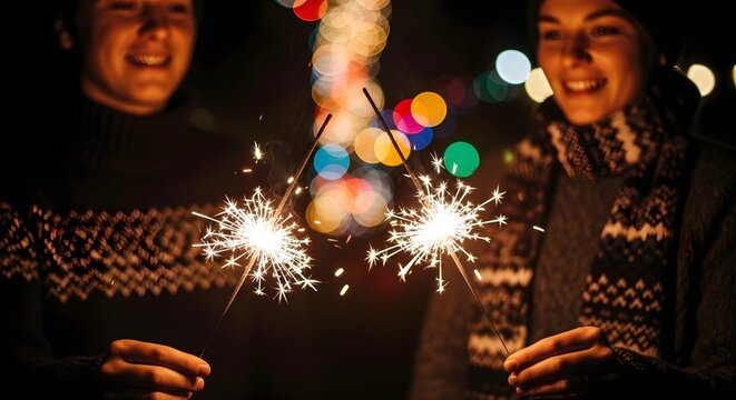 Couple Celebrating with Sparklers at Night with Bokeh Lights.