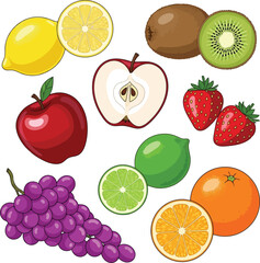 Vibrant assortment of fresh fruits vector illustration: apple, orange, lemon, kiwi, grape, strawberry, lime