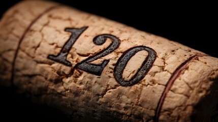 Detailed  captures the number one hundred twenty stamped on a natural cork stopper
