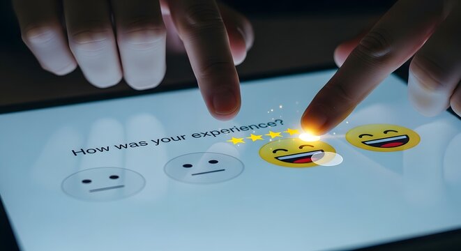 Customer feedback survey with emojis on a tablet screen.